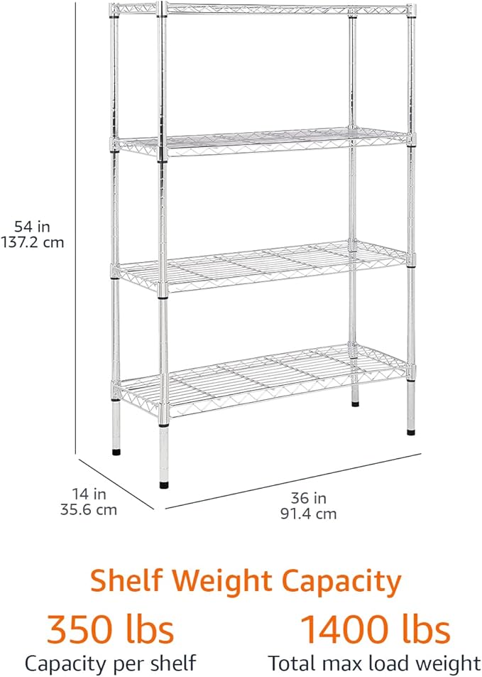 Amazon Basics 4-Shelf Adjustable Heavy Duty Steel Wire Rack Storage Shelving Unit for Kitchen, Garage, Easy Assembly, 350 lbs Per Shelf, 36" x 14" x 54", Chrome Silver AmazonBasics