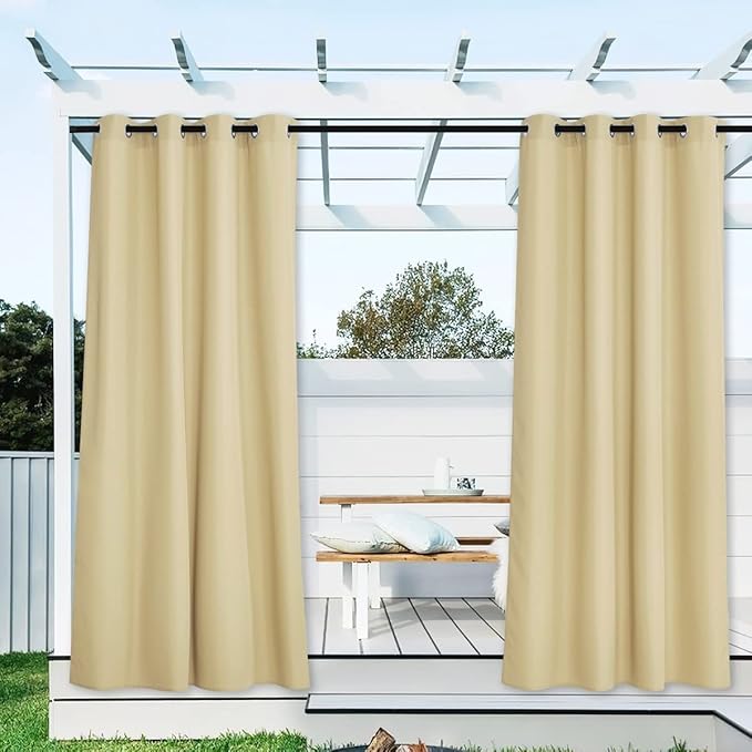 NICETOWN 2 Panels Outdoor Curtains for Patio Waterproof, Weatherproof Grommet Top Thick Indoor Outdoor Vertical Drapes Heat Block Dustproof for Porch/Cabana/Gazebo, Beige, W55 x L78 NICETOWN