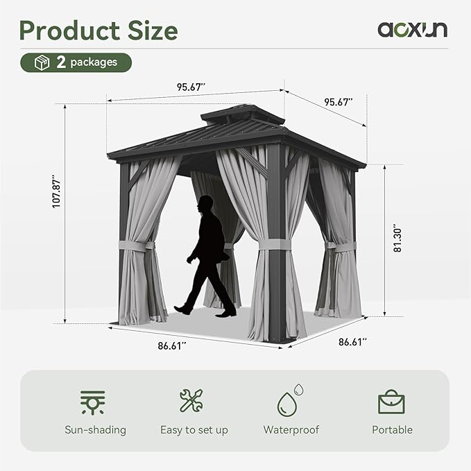 Aoxun 8'x8' Hardtop Gazebo, Aluminum Frame Canopy with Double Galvanized Steel Roof, Outdoor Metal Pavilion with Netting, Curtains for Backyard, Patio and Deck Aoxun