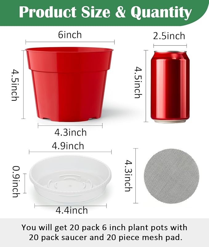 20 Pack 6 Inch Plant Pots, Thickened Plastic Flower Pots with 20 Pcs Water Collecting Trays, 20 Soil Block Mesh Pads, Red RooTrimmer