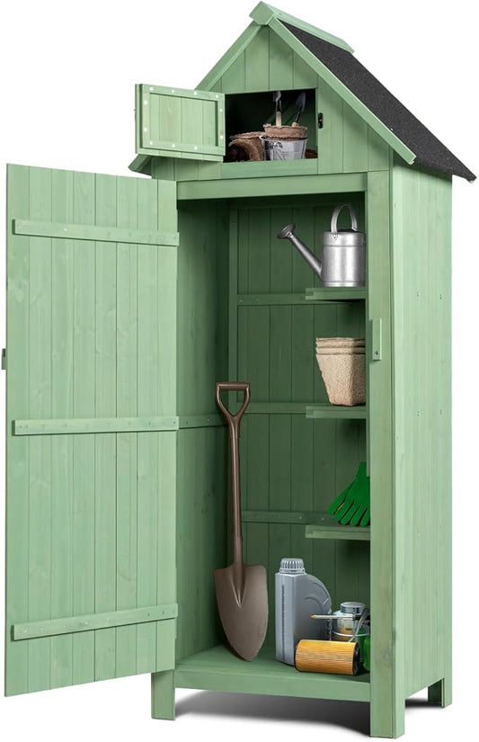 VINGLI Outdoor Wooden Storage Shed, Garden Shed Outside Tool Cabinet with Safety Latch, Patio Storage Organizer (Light Green) VINGLI