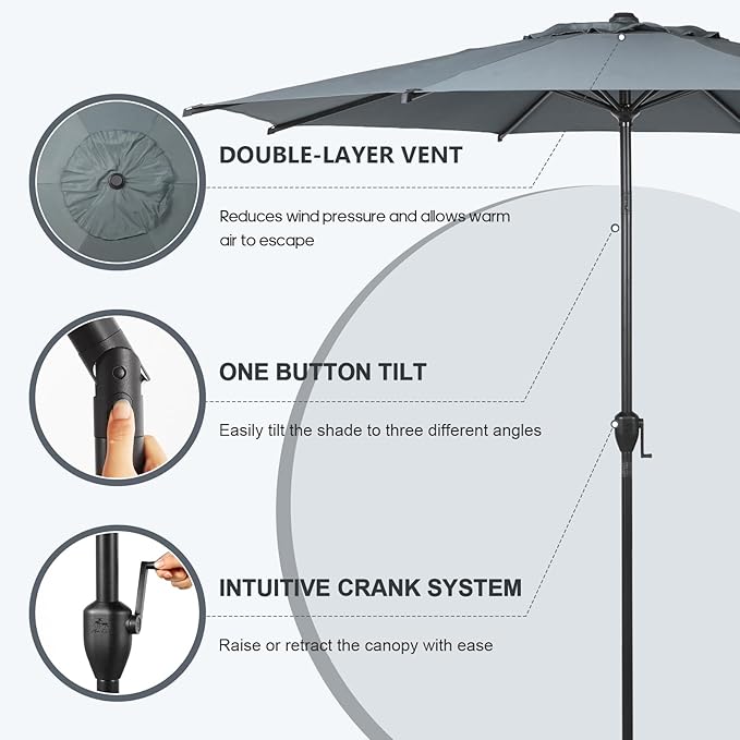 Abba Patio 11FT Lyon Outdoor Patio Umbrella Outdoor Table Umbrella with Push Button Tilt and Crank Market Umbrella 8 Sturdy Ribs UV Protection Waterproof for Garden Deck Backyard Pool Grey AbbaPatio