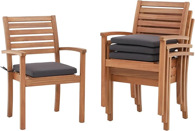 OC Orange-Casual Stackable Patio Dining Chairs Set of 4, Outdoor Acacia Wooden Chairs w/Armrest & Removeable Fabric Cushion, for Porch, Backyard, Garden, Indoor, Dark Grey OCOrange-Casual