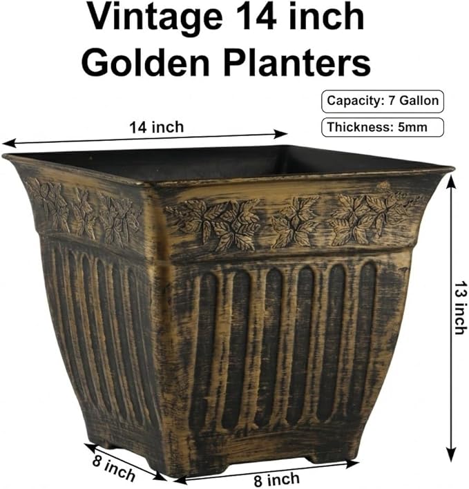 14 Inch Vintage Square Planter - 4 Pack Heavy Duty Antique Gold Plastic Flower Pot with Drainage & Raised Base, Retro Distressed Style Plant Container for Outdoor Patio, Porch, Indoor (7 Gallon) BTPLASTIK