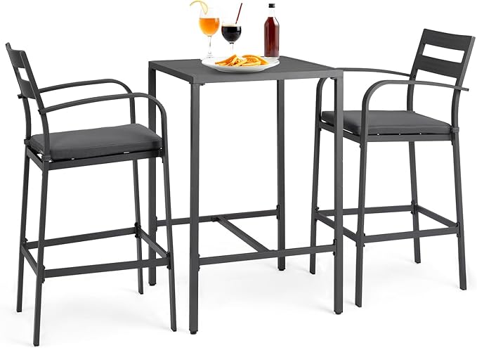 VINGLI 3-Piece Outdoor Bar Set, Aluminum Bar Height Table & 2 Chairs with Cushions, Outdoor Bistro Set for Patio, Backyard, Poolside, Garden(Gray) VINGLI