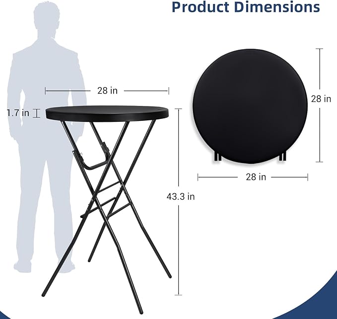 Cocktail Table 28in Folding Round High Top Indoor Outdoor with Removable Legs, Tall Bistro Foldable Bar Height Table for Parties, Patio, Backyard, Dining Room, Events, Black- 2PCS Home