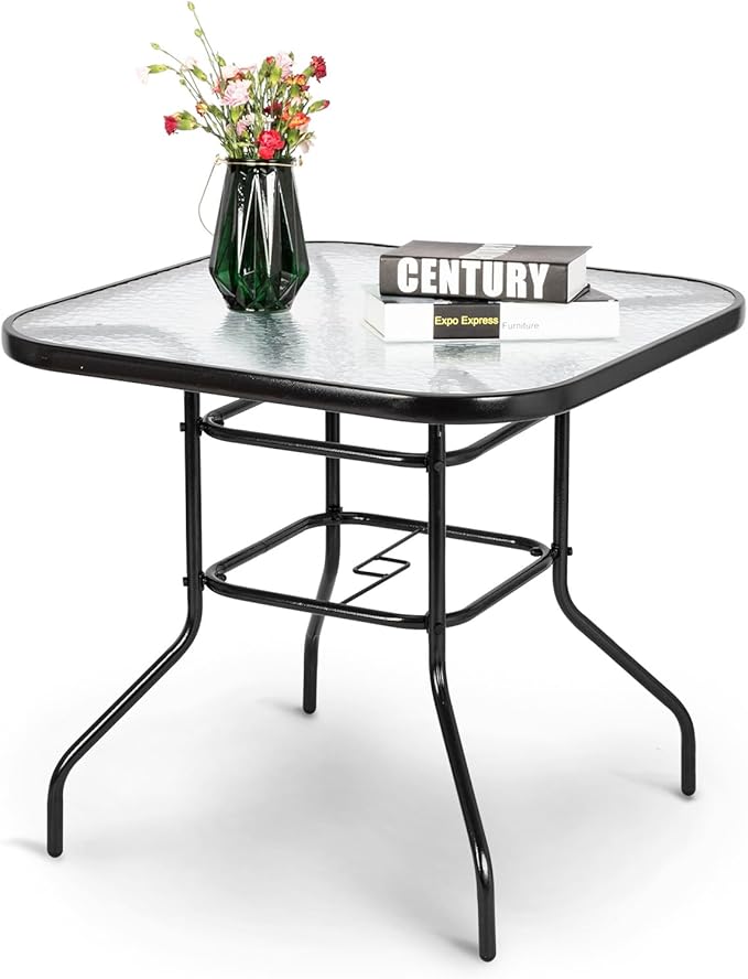 VINGLI Glass Patio Table with Umbrella Hole, 32" Square Outdoor Dining Table Steel Tempered Glass Patio Tables Outdoor Tables for Balcony Garden Deck VINGLI