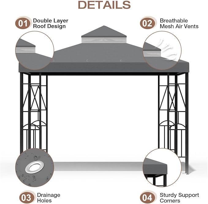 10x10 Canopy Replacement Top Double Tiered Gazebo Cover for Yard, Patio & Garden Durable Sunshade Replacement (Gray) Rootora
