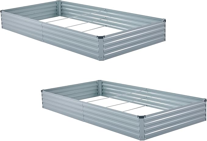 2 Pack 8x4x1FT Galvanized Raised Garden Bed Kit, Outdoor Metal Planter Box for Vegetables, Bottomless Rectangular Gardening Bed with Support Rods, Tool-Free Assembly, Gray Meberam