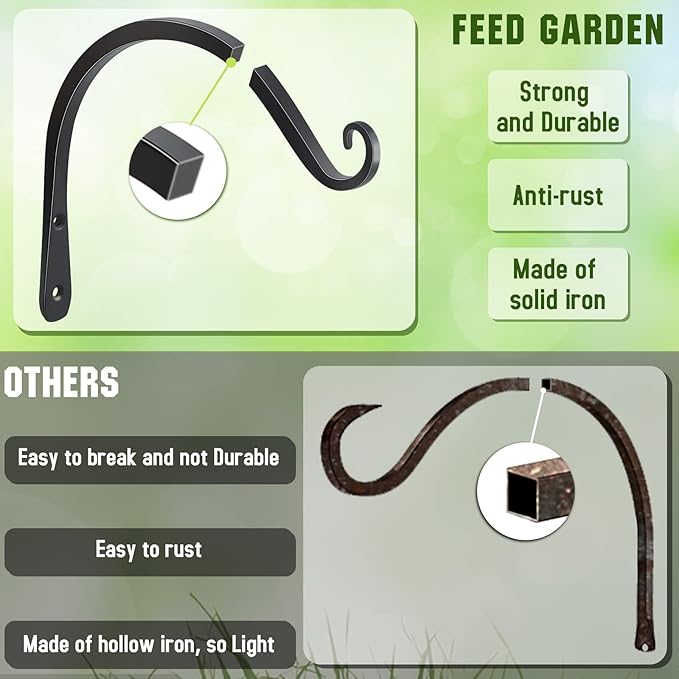 FEED GARDEN 2 Pack 8 Inch Hanging Plant Bracket Wall Hooks Decorative Plant Hangers for Outdoor Hanging Bird Feeders, Wind Chimes, Plant Baskets, Black FEEDGARDEN