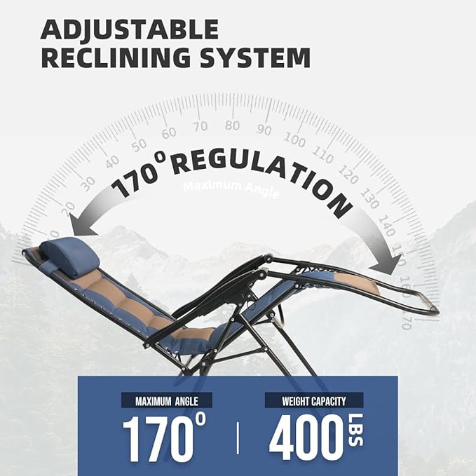 Zero Gravity Chair Oversized Padded Recliner with Adjustable Headrest & Cup Holder - 600D Oxford Folding Lounge Chair for Outdoor Camping, Patio, Poolside (Brown & Blue) Rootora