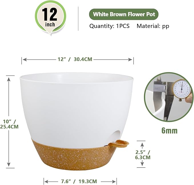 12 inch Large Self Watering Pots for Indoor Outdoor Plants, Plant Pots with Mesh Drainage Holes for Garden House Plants, Plastic Planters with Reservoir for Flower Plants, White with Brown Meowell
