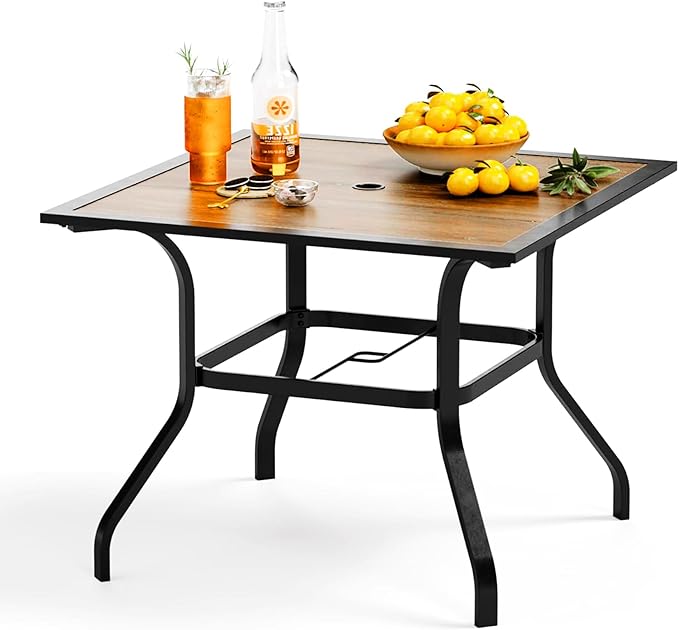PHI VILLA 37" x 37" Patio Dining Table Outdoor Dining Furniture Umbrella Table with 1.57" Umbrella Hole, Steel Frame with Premium PVC Table Top for Patio, Lawn Garden PHIVILLAThepioneerofcomfortablehouseholdsupplies