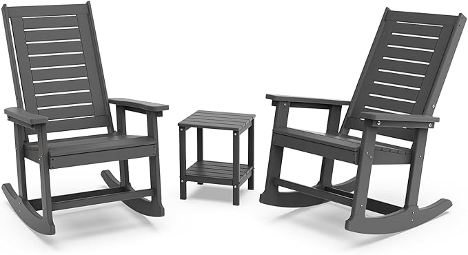 GREENVINES Outdoor Rocking Chair Set | 3-Piece | 2 Rocking Chairs with 1 Side Table | Porch Rocker | HDPE Plastic | Grey | Patio Furniture Sets | High Back | Big & Tall | Ladder Back GreenVines