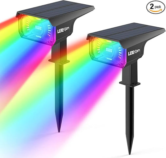 Solar Outdoor Lights,40 LEDs Color Changing RGB Solar Landscape Path Lights,USB & Solar Powered Multicoloured Spotlights,14 Colors Auto Cycling Spotlights for Yard,Garden,2 Pack LEREKAM