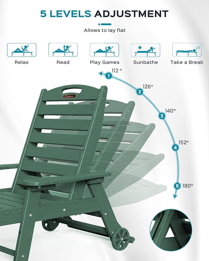 Outdoor Lounge Chair Set of 4, All Weather Patio Chaise Lounge Chair for Outside, HDPE Chair with Rolling Wheels & Cup Holder, 5 Position, Deck, Pool, Green CIOKEA