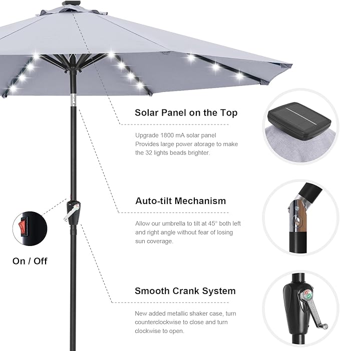 ABCCANOPY Durable Solar Led Patio Umbrellas with 32LED Lights 9FT (Light Gray) ABCCANOPY
