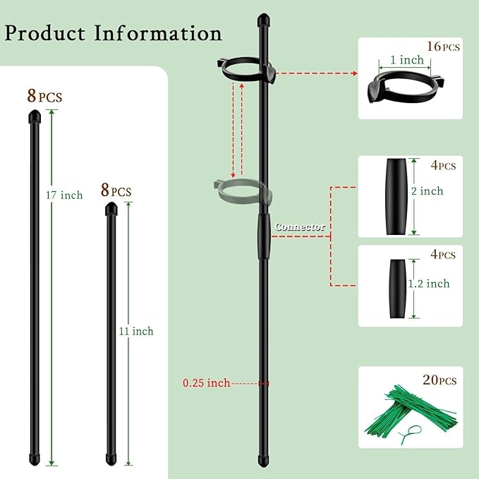 Plant Stakes 17inch &11inch SupKing Adjustable Length Plant Support Stake 16Pcs Orchid Sticks with Clips for Indoor Outdoor,Garden Poles for Potted Tomato Amaryllis Vegetables with 20 Ties (Black) SupKing