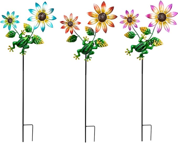 3 Pack Frog＆Flowers Garden Stakes Decor,Metal Yard Art Decorative Garden Stakes,Metal Flowers Spring Outdoor Decor for Mom,Women,Grandma SATHGA
