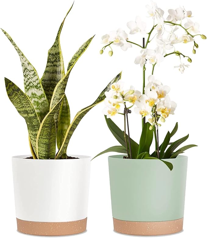 kubvici 8'' Plastic Flower Planter Pots Set of 2 Indoor Outdoor Planters with Drainage Saucer for Garden Home (Green & White, 8 inch) kubvici