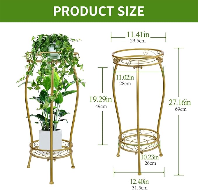 Plant Stand Indoor Outdoor 2 Tier 27'' Tall Metal Potted Rack Flower Pot Stand Heavy Duty Rustproof Iron Multiple Plant Supports for Garden Balcony Patio (Golden) LOYALTIGER