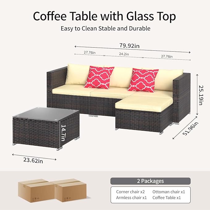Aiho Patio Furniture Set All Weather Outdoor Sectional Patio Sofa Set with Tempered Coffee Table, for Backyard Porch, Beige AIHO
