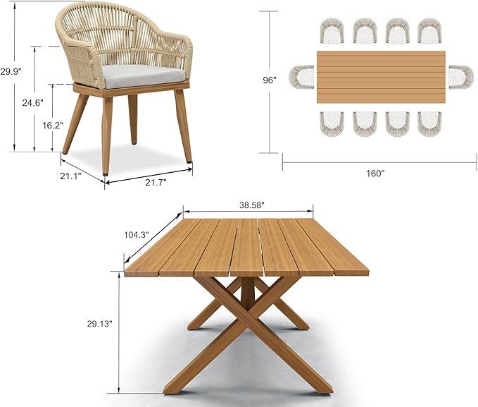 PURPLE LEAF 11 Pieces Patio Dining Set with Outdoor Aluminium Dining Table and Woven Chairs Modern Metal Furniture Cushions Sets for Garden Yard Indoor Decor Kitchen Teak PURPLELEAF