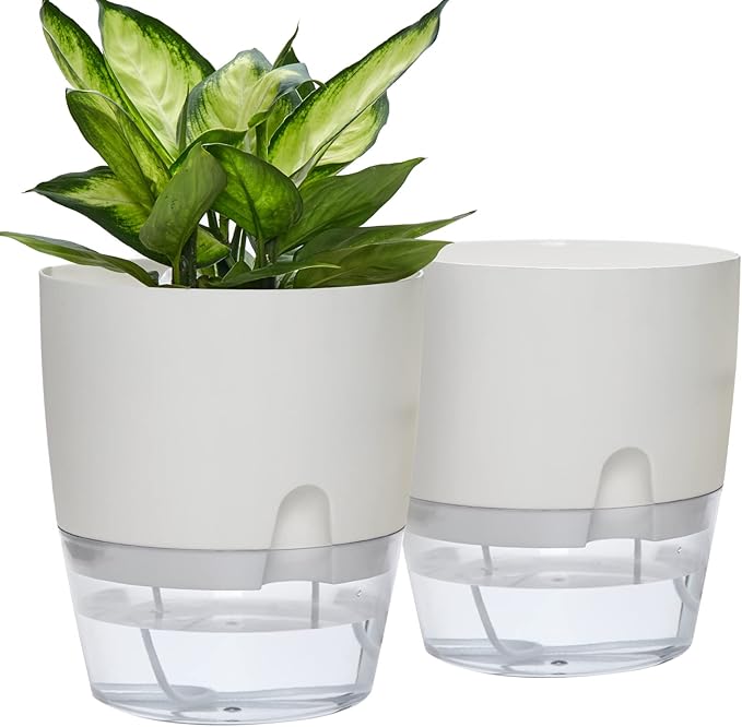 Self Watering Planter for Indoor Plants, 2 Pack 9.3 Inch Flower Pot Modern Decorative Plastic Planter with Extra Large Water Storage for All House Plants, Flowers, Herbs(White) ETGLCOZY