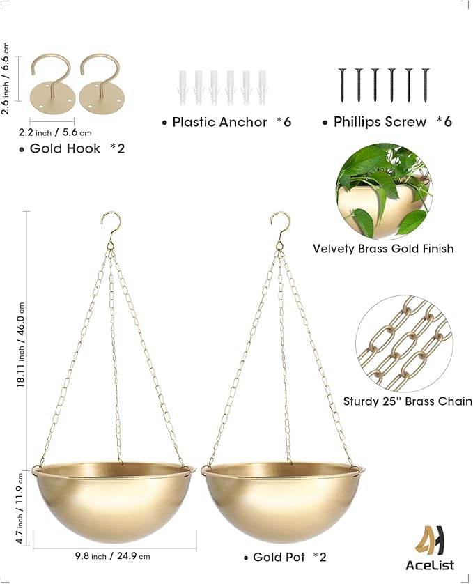 AceList 2 Pack Gold Hanging Planter for Indoor Plants - 9.8 Inch Boho Metal Plant Hanger Indoor with Hooks, Hanging Plant Holder for Window and Ceiling AceList