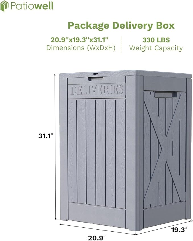 Patiowell 48-Gallon Resin Package Delivery Box for Outside, Waterproof Storage Deck Box with Lockable Secure (Grey) Patiowell