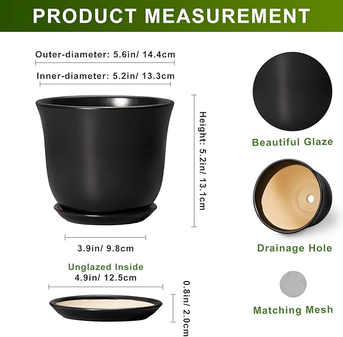 Ceramic Planter - 5.6 Inch Plant Pot for Indoor Outdoor, Round Succulent Pots with Drainage Hole and Saucer, Orchid Flower Pot, Modern Planter, Home Office Decor, House Warming Gifts, Black SUNPOTFOR