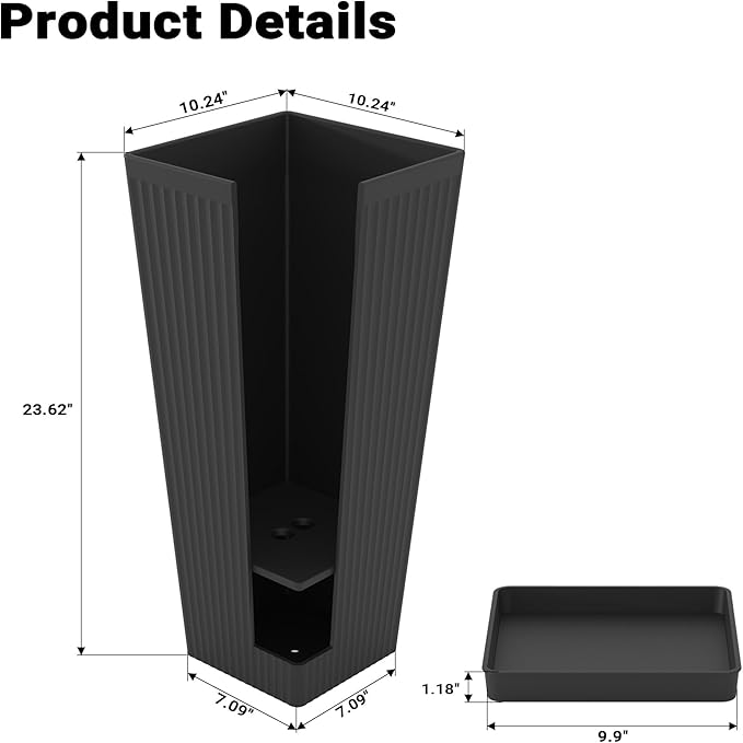 Tall Planters for Outdoor Plants Set of 2, 23.6" Large Taper Flower Plant Pots with Drainage Hole and Drainage Trays, Weather-Resistant Plastic planters for Patio, Porch, Garden, Black Rootora