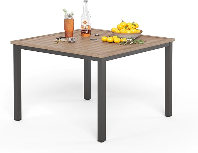 PHI VILLA Outdoor Patio Table, Square Metal Steel Slat Table with 1.57”- 1.9” Adjustable Umbrella Hole, Weather-Resistant Outdoor Dining Table for Garden Deck, 42" x 42" x 28.7", Brown PHIVILLAThepioneerofcomfortablehouseholdsupplies