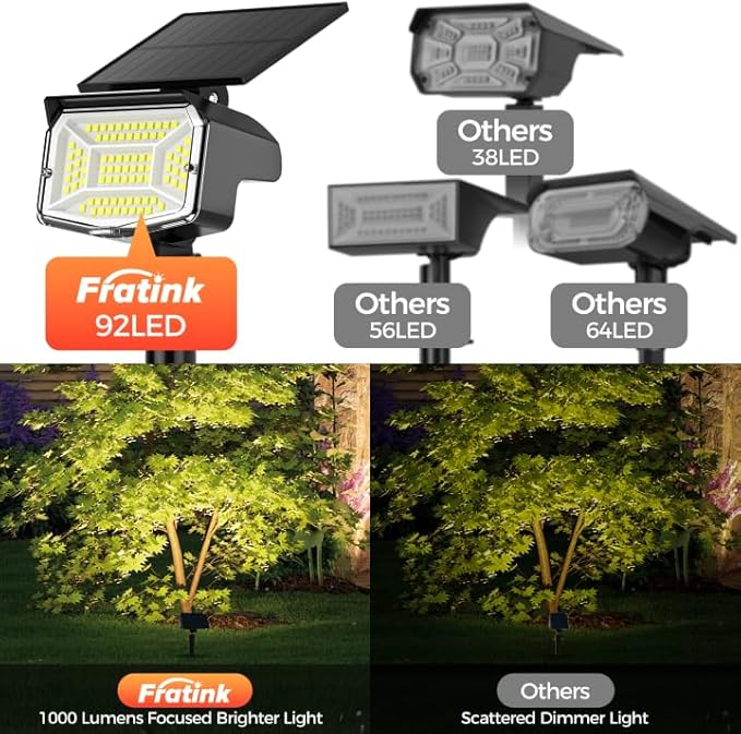 Solar Spot Lights Outdoor, 92 LEDs Landscape Lighting with 3 Lighting Modes and Auto On/Off, IP67 Waterproof Spotlights, Outdoor Solar Lights for Yard Garden, 2 Pack (Cool White) FratinkSolarLights