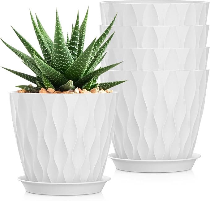 7 Inch Plant Pots 5 Pack, Flower Planters with Drainage Holes and Trays,Plastic Pots for Indoor Outdoor Plants,White SQKH