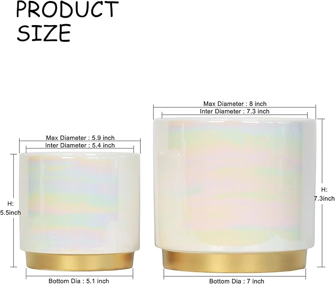 Gepege White Indoor Plant Pots for Plants, Ceramic Planter with Drainage Hole, 7.6 Inch +6 Inch 2pcs Succulent Orchid Flower Pot - Rainbow Pearl Glaze Gepege