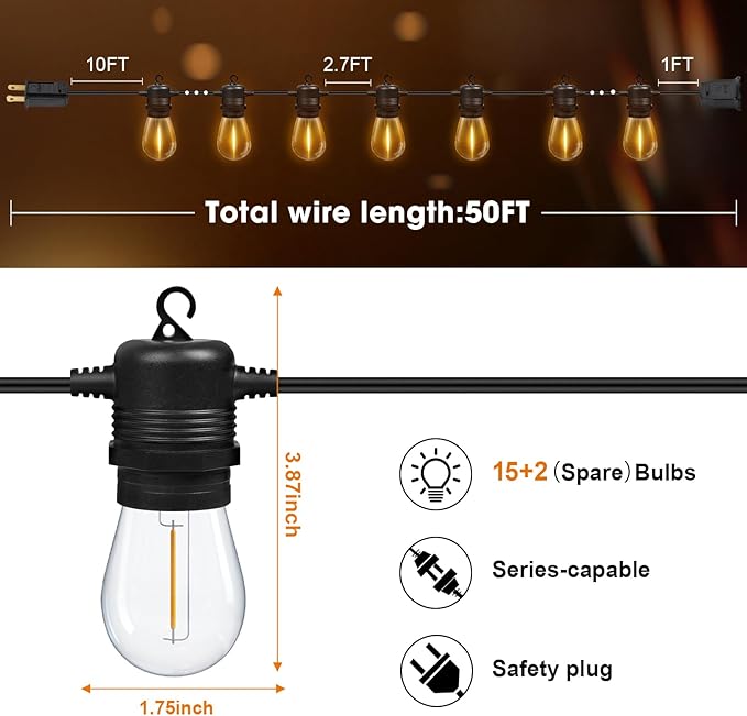 50FT LED Outdoor String Lights with 16 Shatterproof Waterproof S14 Replaceable Bulbs(1 Spare), 2700K Commercial Grade Patio Lights, Outside Hanging Light for Yard Garden Porch Deck Decor GvvooHome