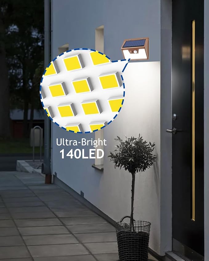 Peasur Solar Lights Outdoor Motion Sensor [3 Pack/140LED/Brown], Ultra-Bright 3 Mode Fence Security Light Waterproof, Solar Wall Lighting for Patio Yard Step House Outside Peasur