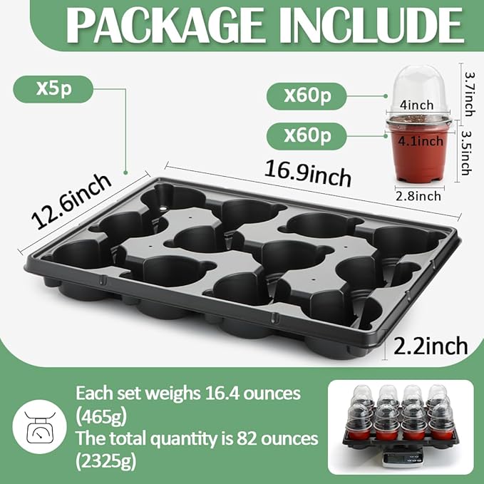 4 Inch 60 Pack Nursery Pots with Humidity Domes & 5 Pack 12 Cell Round Seedling Pot Carrying Trays, Sturdy Seeds Starter Pot Germination Set, Small Planter Nursery Propagation 5 Sets RooTrimmer