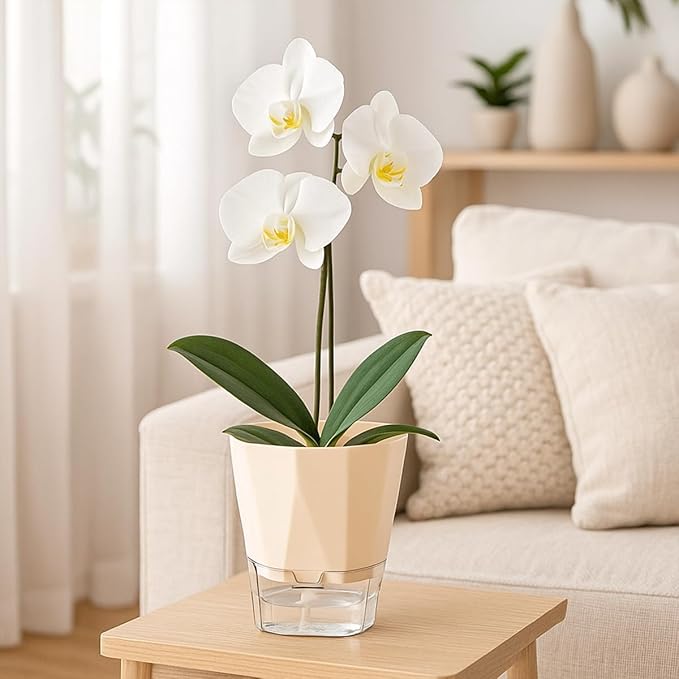 2 Pack Self Watering Pots for Indoor Plants, 8.4" Self Watering Planters Large African Violet Self Watering Clear Pots for Plants Large Herb Orchid Flower Houseplant, Ivory White Planterhoma