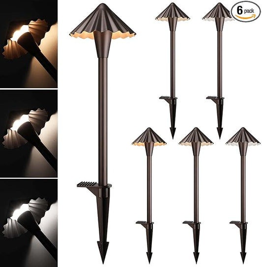 LEONLITE 3CCT Low Voltage Pathway Lights, LED Landscape Path Lights, 3000K/4000K/5000K, Ruffles Head, 12-24V AC/DC, IP65 Outdoor Walkway Light, Oil Rubbed Bronze Aluminum, Pack of 6 LEONLITE