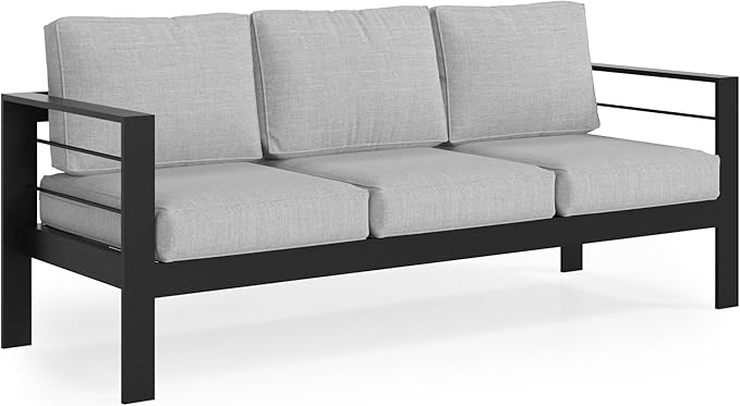 Solaste Aluminum Outdoor Couch, 3-Seat Metal Outdoor Sofa with Water-Resistant Cushion, Weather-Resistant Modern Patio Sofa, Black Frame Grey Cushion Solaste