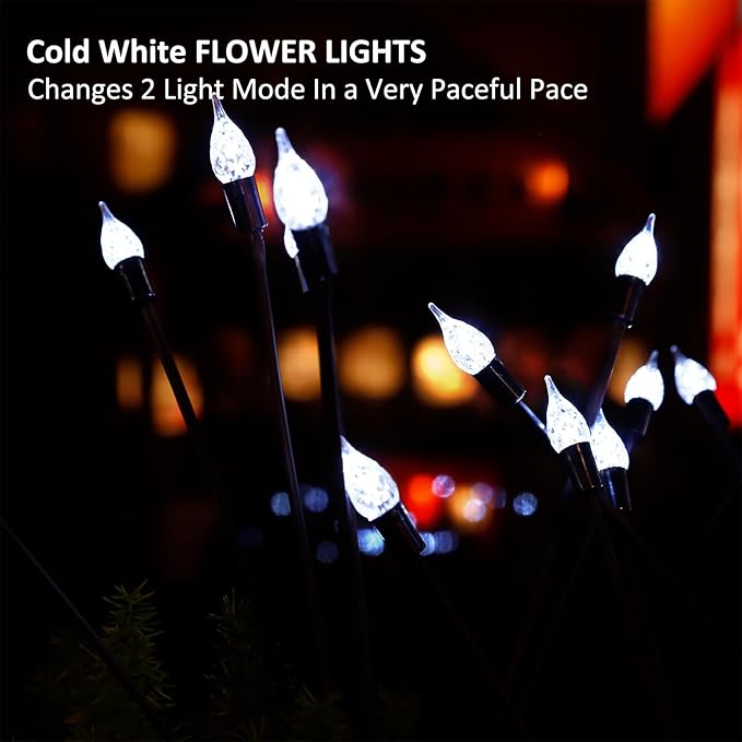 2 Pack Each 8 LEDs Solar Garden Lights Waterproof Outdoor Landscape Path Firefly Lights Single Spike Bulb Swaying Light Cold White TIANSHENG