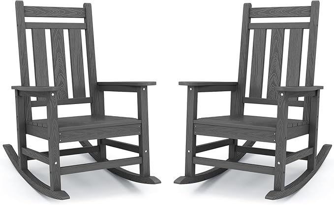 KINGYES Oversized Outdoor Rocking Chair Set of 2, All-Weather Patio Rocking Chairs for Porch, HDPE Outdoor Patio Rockers with High Back & Wide Seat for Garden, Lawn, Gray KINGYES