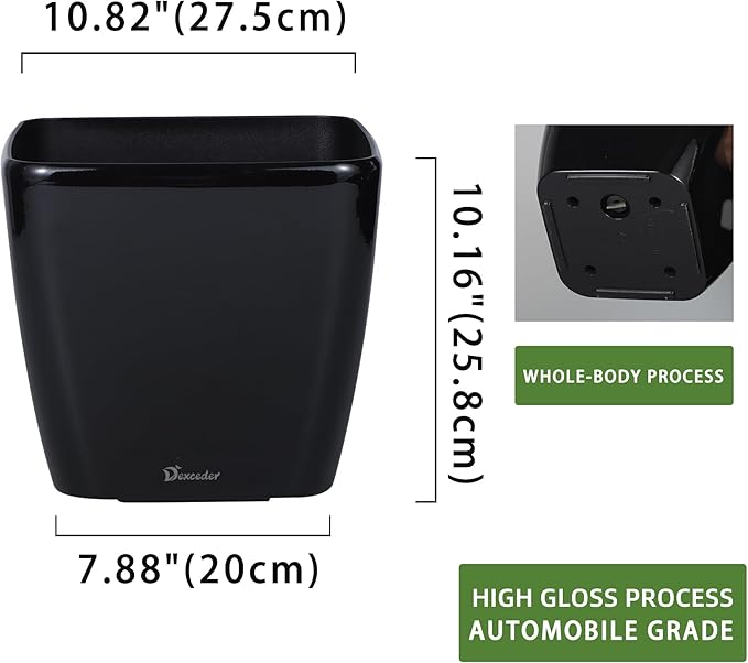 Dexceder 11x10 Self Watering Planter Indoor Outdoor, Inner Mat Design, Thickened Table Flower Plant Pot with Water Level Indicator (Black High Gloss) Dexceder