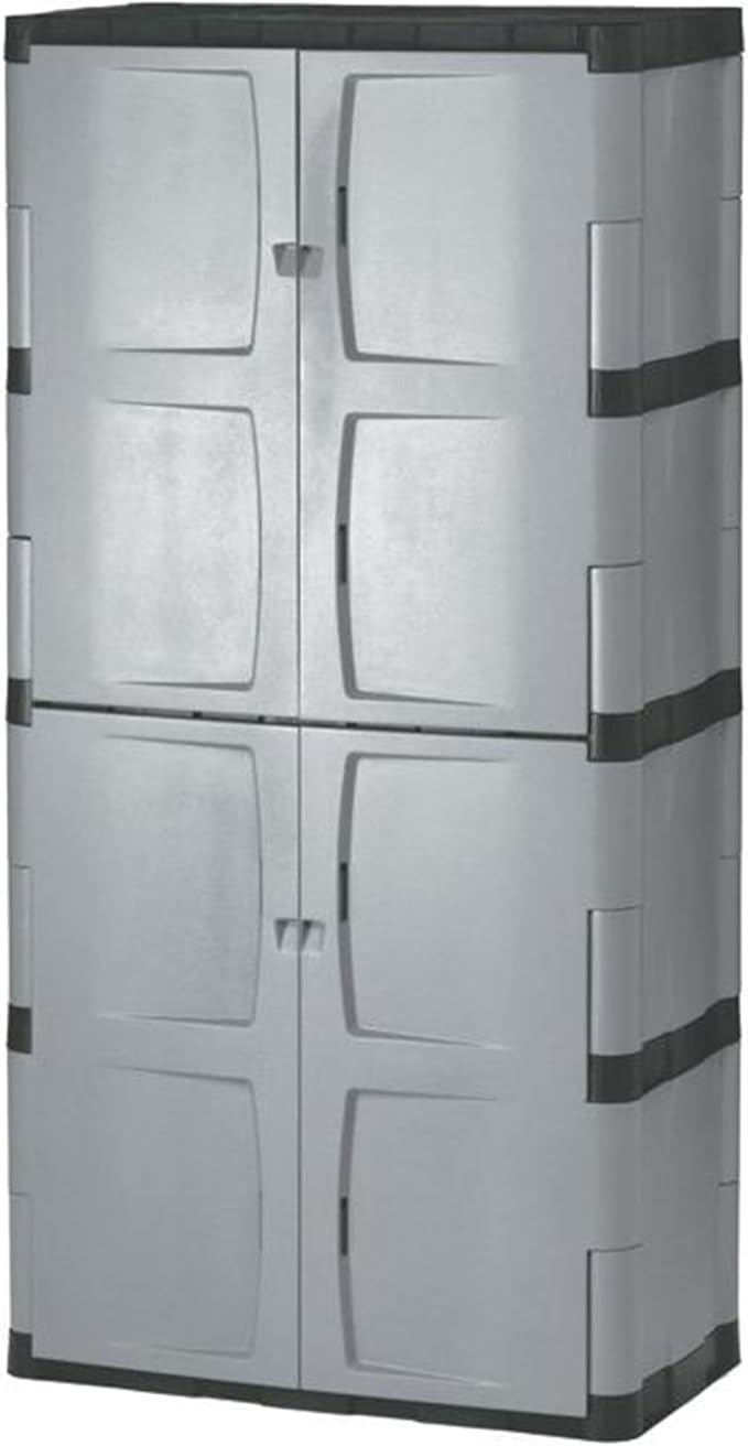 Rubbermaid Freestanding Storage Cabinet Five Shelf with Double Doors Lockable Large 690-Pound Capacity Gray For Garage/Outdoor Garden Tools/Toys/Power Tools/Pool Accessories Grey Rubbermaid