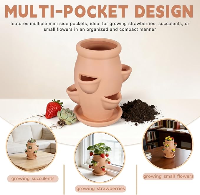 Strawberry Planter Garden Tower with 6 Pocket Terracotta Pot Vertical Garden Planters Pot Versatile Flower Container for Home Patio Balconies Gardening Abaodam