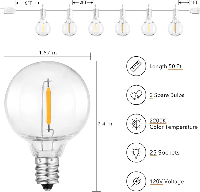 Brightown Outdoor String Lights, 50FT 25 G40 Bulbs Shatterproof Patio Lights, IP65 Waterproof Dimmable Hanging Connectable Globe LED Outdoor Lights for Backyard, Bistro, Porch, Deck, Balcony, White Brightown