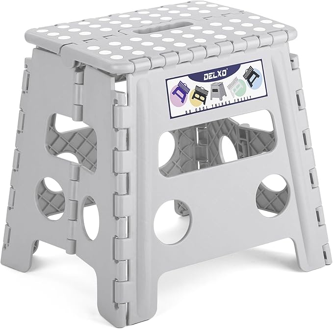 Delxo Folding Step Stool, 13 inch Non-Slip Foldable Stools for Kids & Adults Up to 300 LBS, Step Stool with Handle, Lightweight for Kitchen, Bathroom, Bedroom, Garden, Grey, 1PC Delxo