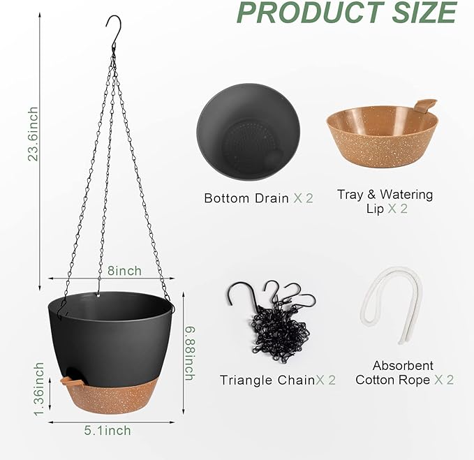 Hanging Planters for Indoor Outdoor Plants, 2 Pack Self Watering Hanging Pot with Drainage Holes & Removable Tray (Black, 8'') Vanslogreen